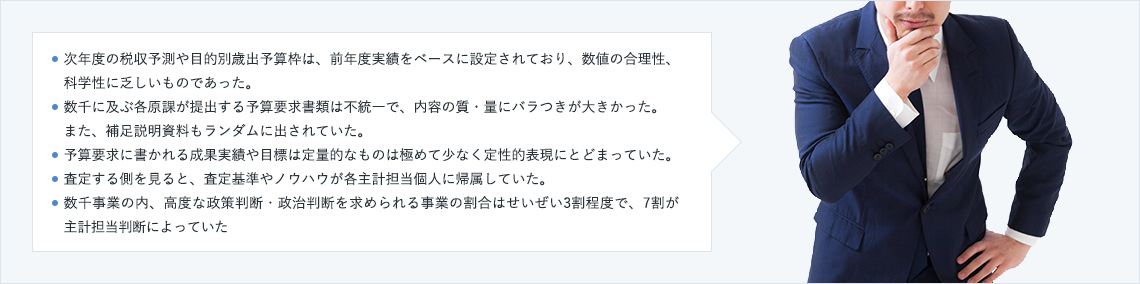 さて、ある大都市で試行構築した“科学的予算編成及び事業評価手法”をもとに行政AIの可能性を見たいと思います。<br />
この都市で予算編成作業の検討・分析を行ったところ、次のような問題が浮かび上がってきました。<br />
